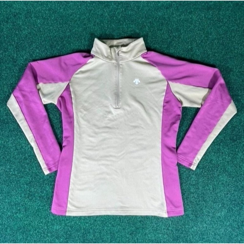 Descente 1/4 Zip Long Sleeve Cycling Tan / Pink Fleece Shirt Womens Sz 8‎